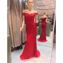 2017 fuera de hombro sexy de piedra roja rebordeada Bling bordado sirena vestidos de noche